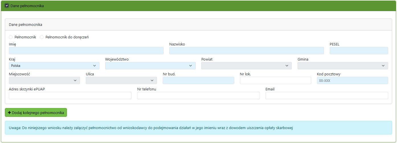 Widok okna danych pełnomocnika do uzupełnienia Widok okna danych pełnomocnika do uzupełnienia