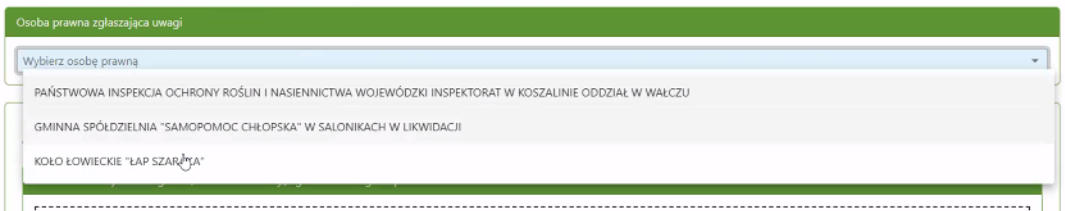 Widok okna z rozwijalną listą wyboru osób prawnych