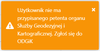Widok komunikatu o braku przypisanego petenta organu